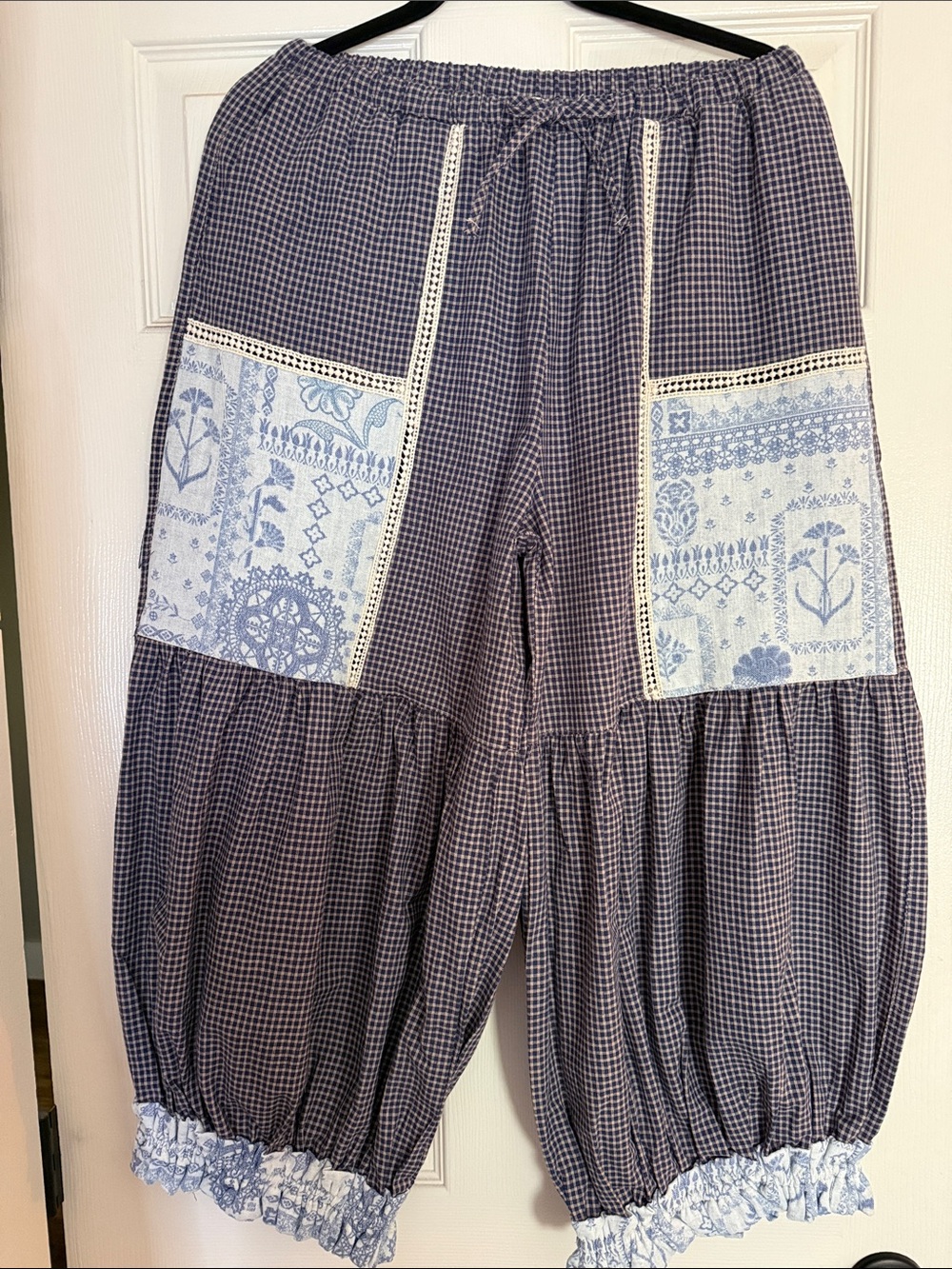 Blue Gingham Patchwork Boho Bloomer Pants - Picture 2 of 5